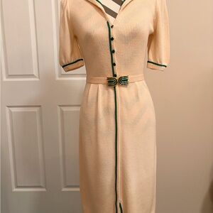 St. John Elegant Cream Midi Dress with Green Accents